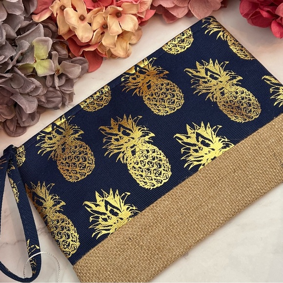 Navy Blue & Metallic Gold Pineapple Makeup Cosmetic Wristlet Clutch Bag - Picture 2 of 11